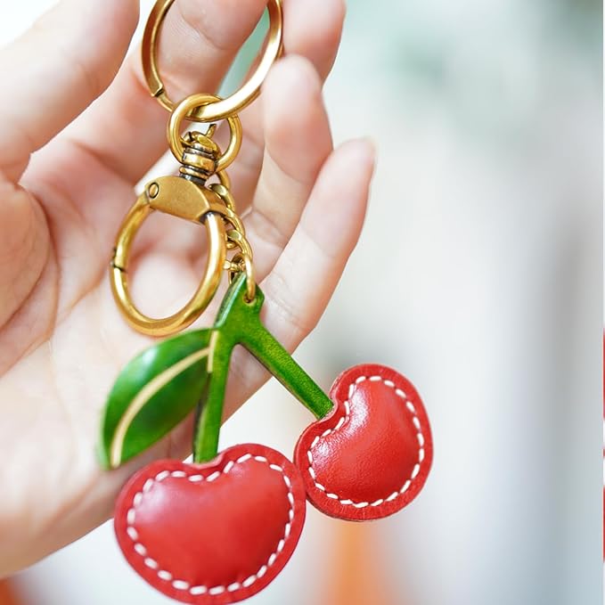 Handmade Genuine Leather Cherry Keychain - Cute Red Fruit Keyring for Women Girls, Fashion Bag Purse Charm Accessory Gift(Unisex Gift)
