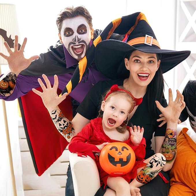 77 PCS Halloween Temporary Tattoos Adult Kids, 17 PCS Half Arm Pumpkin Bat Crow Witch Skull Fake Tattoos, 60 PCS Spider Cat Ghost Scar Tiny Realistic Face Body Tattoos Stickers for Halloween Costume