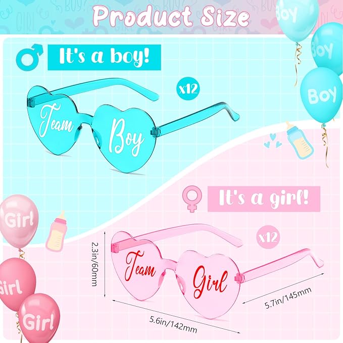 Pibupibu 24 Pcs Gender Reveal Glasses Blue Pink Sunglasses Bulk Team Girl or Boy for Gender Reveal Decor Glasses Party Favors