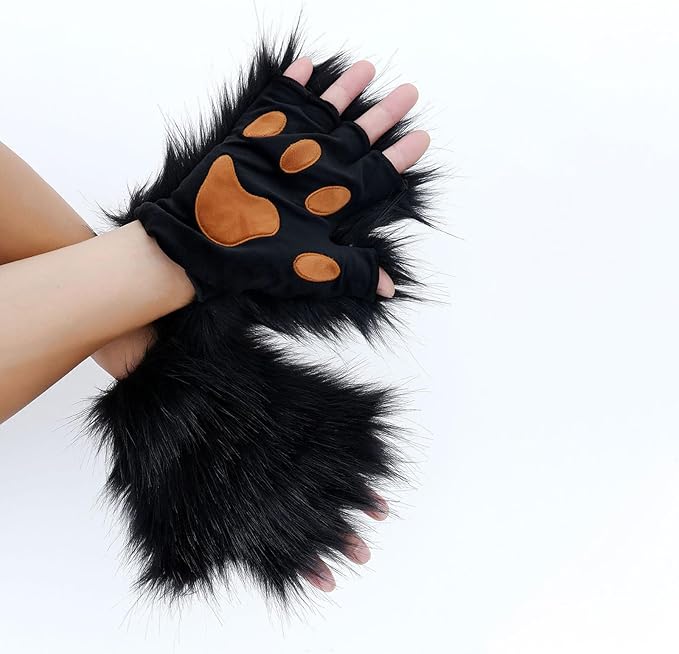 Adolala Faux Fur Fox Tail Cat Wolf Set Plush Mask Fluffy Paw Gloves Halloween Christmas Party for Women