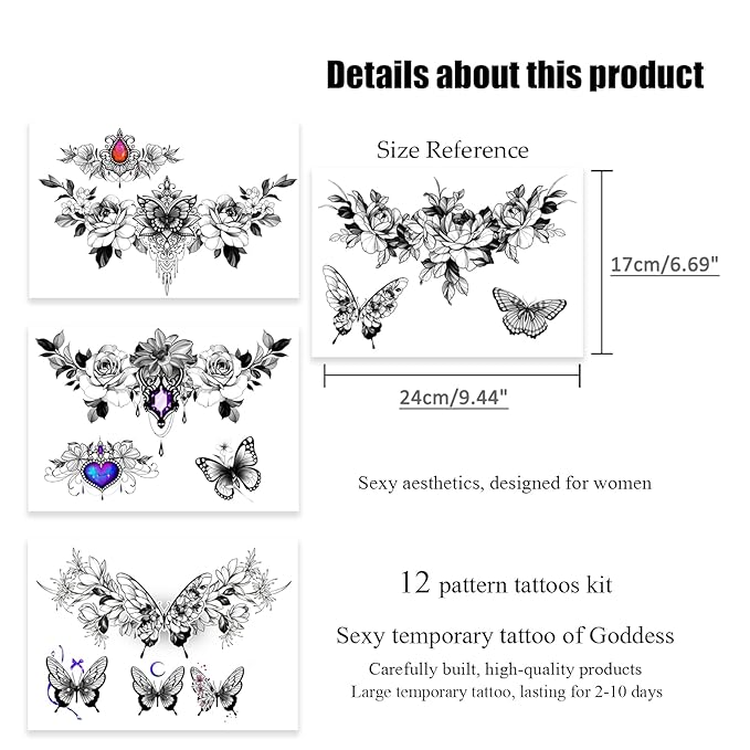 ROARHOWL Women Sexy Temporary Tattoo Sexy Tattoo Set Beautiful Exquisite 3D Realistic Flowers, Butterfly, Abdominate, Chest, Waist and Back Applied Fake Tattoo for Girls ((Design 2))