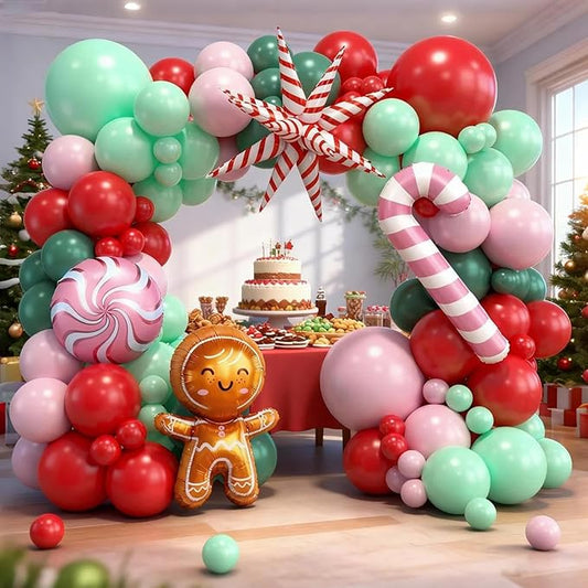 Christmas Balloon Arch Garland Kit,120PCS Christma Pastel Pink Green Balloons, Candy Crutch Gingerbread Foil Ballons for MerryChristmas Party Decorations Party Supply Birthday,Baby Shower