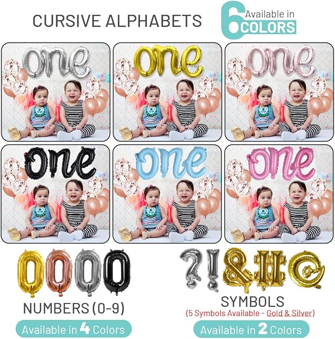 BALLOON VIBE Cursive Letter Balloons - Custom Phrase Script Foil Alphabets & Numbers with Straws, Ribbon and Adhesive Dots - Balloon Banner for Birthday, Anniversary, or Any Other Occasion - 6 Colors