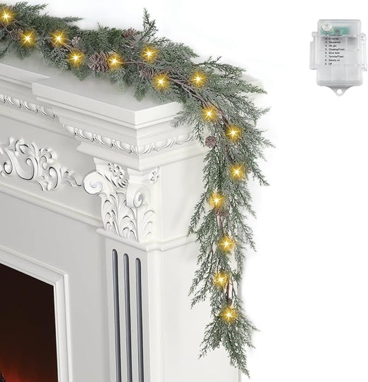 Artgar Pine Garland Realistic, 6 FT Cedar Garlands, Christmas Garland with 30 Warm Lights with 8 Light Modes, Garland Christmas Decorations for Mantels Stair Table Decor (White-Green)