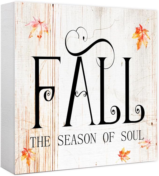 Funny Autumn Maple Leaves Wood Box Sign Fall The Season of Soul Wooden Block Desk Decor for Home Office Kitchen Cubicle Table Shelf Tabletop,Farmhouse Fall Sign Decor