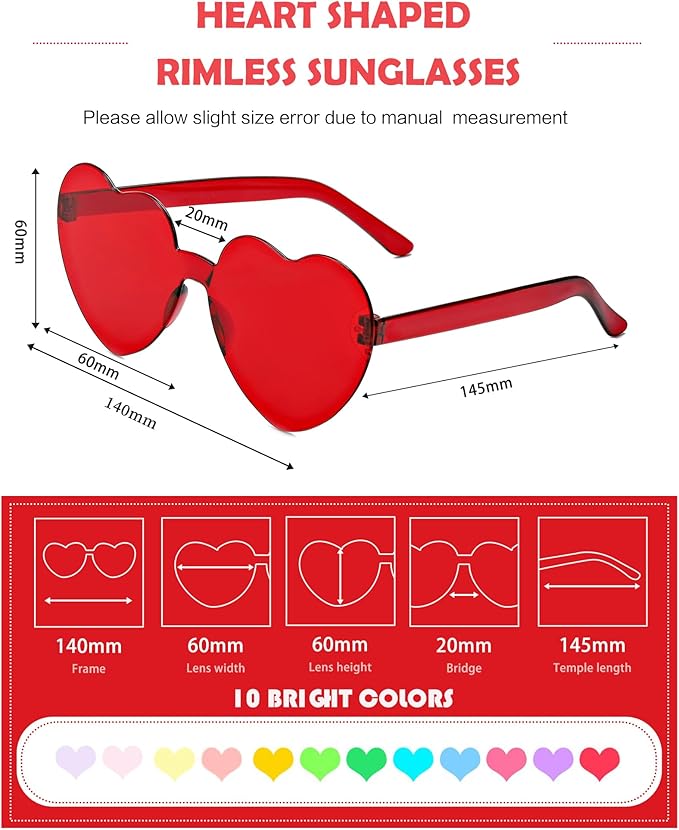 20 Pairs Heart Shaped Sunglasses Bulk, Colorful Rimless Fun Heart Sunglasses for Women Party Favors
