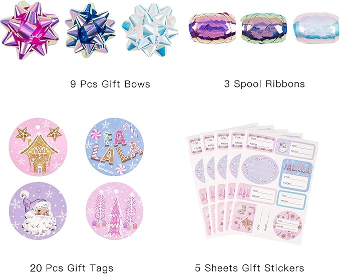 WRAPAHOLIC Christmas Wrapping Paper Set - Pastel Pink Purple Gingerbread House and Santa Wrapping Paper with Embossed Bundle with Gift Bow & Ribbon & Tag & Sticker