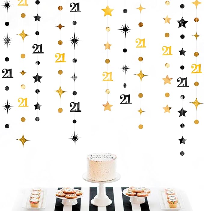 Black Gold 21st Birthday Decorations Number 21 Circle Dot Twinkle Star Garland Hanging Streamer Banner Backdrop for Girls Boys Cheers to 21 Years Finally Legal Bday 21st Anniversary Party Supplies