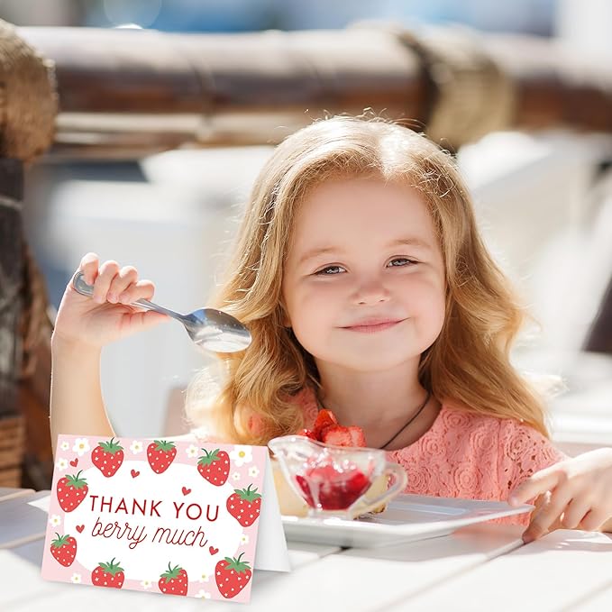 Whaline 50 Packs Strawberry Thank You Cards Red Pink Strawberry Flower Greeting Cards Blank Note Card Boxed with Envelopes and Stickers for Birthday Baby Shower, 4 x 6 Inch