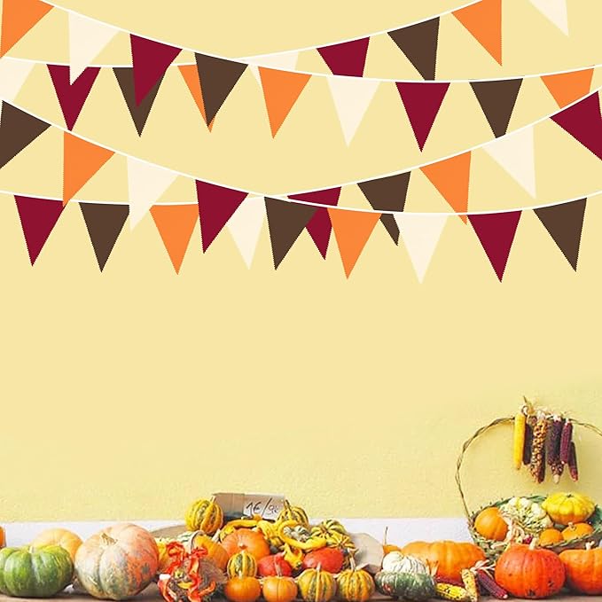 32Ft Fall Party Decorations Burgundy Orange Brown Triangle Flag Fabric Pennant Garland Bunting for Happy Fall Decor Thanksgiving Day Harvest Autumn Wedding Birthday Party Outdoor Garden Hanging Decor