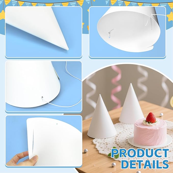 White Paper Party Hats for Kids Birthday,Decorative Bulk Cone Crafts for Adults Art DIY, Halloween Supplies（20/40/60）
