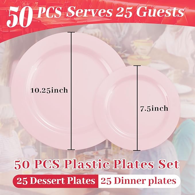 MENDENG 50PCS Pink Plastic Plates for Party, 25x10.25 Dinner Plates & 25x7.5 Dessert Plates, Heavy Duty Disposable Plastic Plates for Wedding Party Birthday Mother's Day