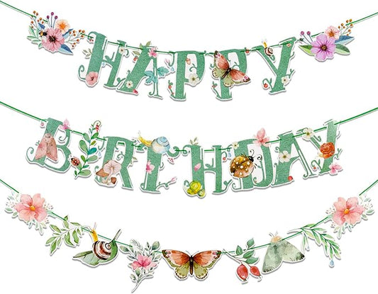 SUNBEAUTY Wildflower Happy Birthday Banner Sage Green Floral Flower Party Decorations Green Butterfly Flowers Banner Summer Spring Butterfly Birthday Party Decorations | Pre-Strung