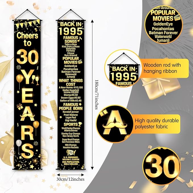 30th Birthday Party Anniversary Decorations Cheers to 30 Years Banner Party Decorations Welcome Porch Sign for Years Birthday Supplies (30th-1995)