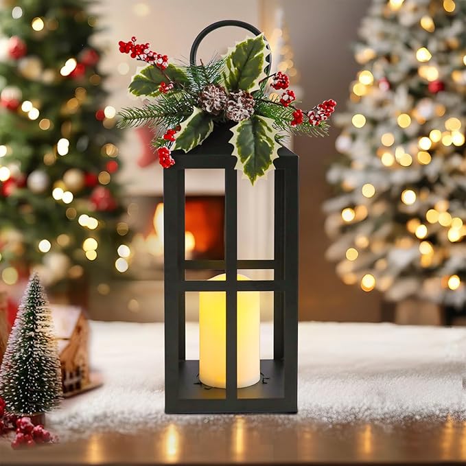 Christmas Lanterns Decorative Indoor Outdoor, 2 Pack Black Christmas Lantern, 18 Inch Timer Decorative Candle Lanterns Flameless Light with Pine Cones and Needles for Home, Party, Farmhouse Decor