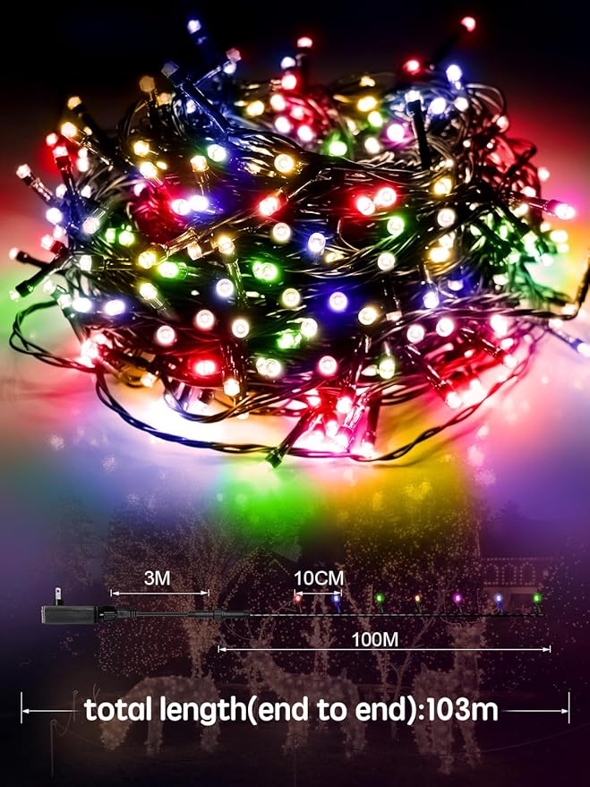 Super Long 344FT Outdoor String Lights, Multicolor Fairy Light, Christmas Lights 1000 LED Waterproof 8 Modes for Patio Bedroom Holiday Party Christmas Tree Wedding Garden