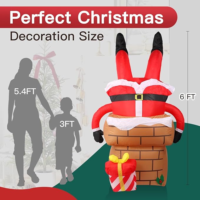 6FT Christmas Inflatables Decorations Outdoor，Blow Up Santa Claus Stuck in The Chimney with Built-in LEDs Lights for Indoor Holiday Party Yard Garden Lawn Décor