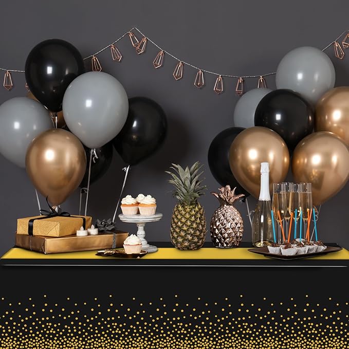 6Pcs Black and Gold Tablecloth Party Decorations,Plastic Black Table Cloth Printed Gold Table Runner Disposable Rectangle Table Cover for Birthday Retirement Anniversary Graduation Party,54 x108 Inch