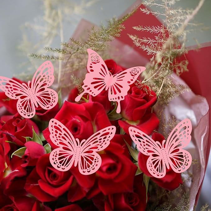 Pink Butterfly Decorations, 48Pcs 2 Styles 3 Sizes Butterflies for Cake Cupcake Toppers, 3D Paper Sticker for Bouquets Birthday Baby Shower Kids Girl Room Wall Nursery Grad Graduation Caps Decor