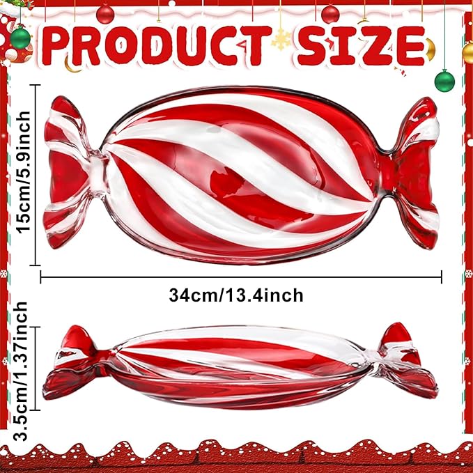 Christmas Candy Shaped Glass Dish Platter Oval Serving Tray Red Transparent Festive Dish for Xmas Holiday Party Cookies Fruit Peppermint Dessert Snack Charcuterie Decorative Gift, Large