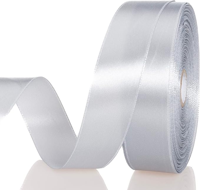1 Inch Silver Solid Satin Ribbon, 50 Yards Craft Fabric Ribbon for Gift Wrapping Floral Bouquets Wedding Party Decoration