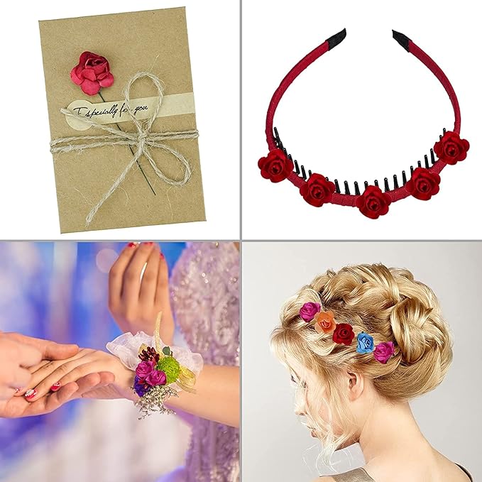 144pcs Mulberry Paper Mini Roses Artificial Flowers Heads with Stems for DIY Crafts Accessories Make Bridal Hair Clips Headbands Dress Wedding Bridal Bouquets Party Home Decor Valentine's (Mix Color)