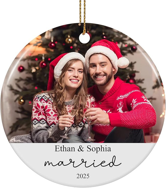 Personalized First Christmas Married Ornament 2025, Custom Engaged Christmas Ornaments with Names, Customized Wedding Engagement Gifts for Newlywed Couples Him Her