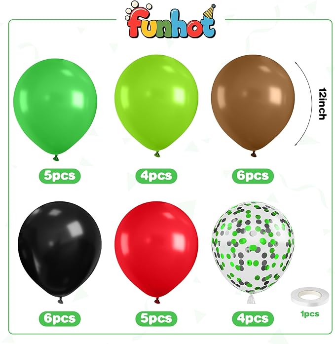 Red Green and Brown Balloons,12 Inch Red Green Brown and Black Balloons with Confetti Balloon for Boy Video Game Jungle Safari Baby Shower Woodland Hunting Army Party Decorations