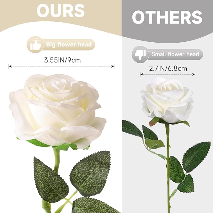 Tifuly 50pcs Roses Artificial Flowers Bulk,Realistic Long Stem Fake Silk Roses for Wedding Centerpiece Table Vases Party Home Kitchen DIY Bouquets Decor（Off White）