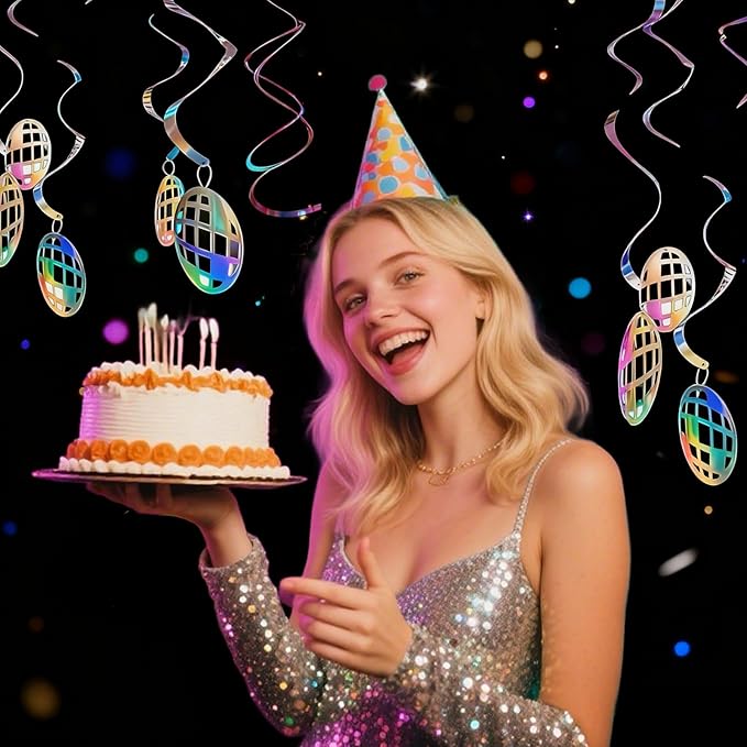 Disco Hanging Swirl Set Party Decorations, 48 Pcs, Disco Ball Party Supplies Sign,Silver