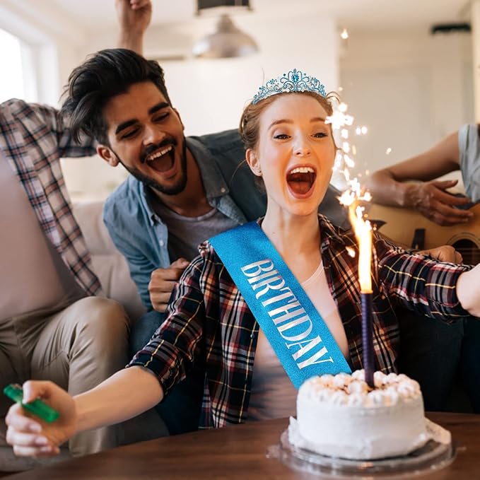 CIEHER Princess Crown and Sash Set, Blue Birthday Crown and Tiara for Girls and Women, Happy Birthday Accessories
