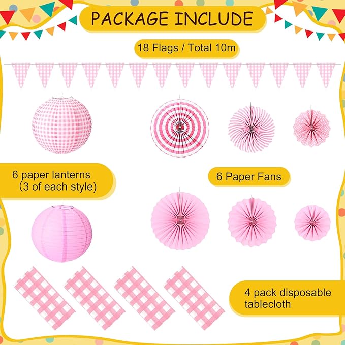 Hortsun 18 Pcs Pink and White Gingham Christmas Party Supplies Include Paper Lanterns Plastic Tablecloth Pennant Banner Paper Fans Christmas Picnic Decor for Holiday Party Home Dining Room