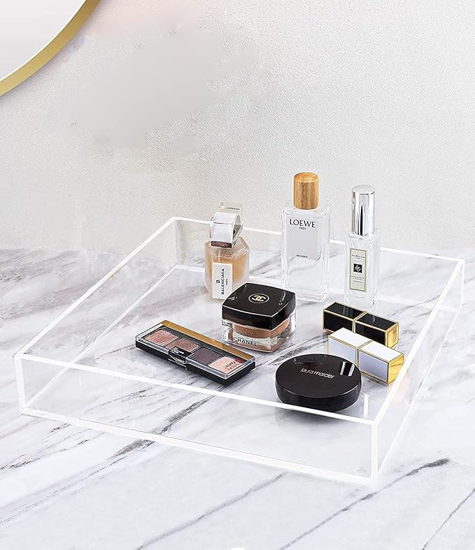 Waterproof Acrylic Vanity Tray, Remote Control Sturdy Valet Tray Organizer, Lucite Nightstand Dresser Bathroom Organizer, Square Acrylic Tray (Clear-10''x10'')