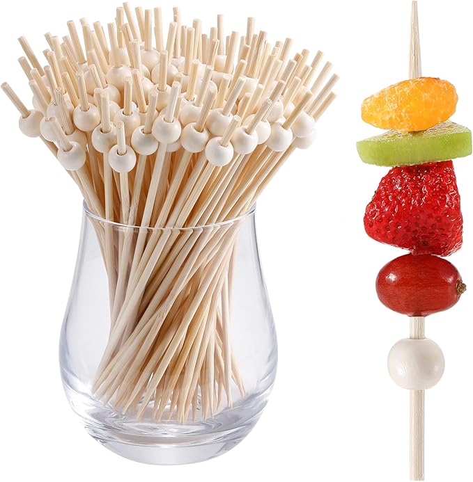 200 Pcs Cocktail Picks, 4.7 Inch Toothpicks for Appetizers, Bamboo Cocktail Sticks Skewers for Drinks, Desserts, Charcuterie, Wedding Party Fancy Toothpicks, Natural Pearl Mini Food Picks Decorative
