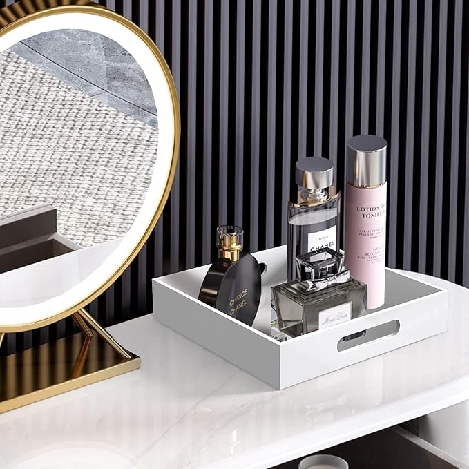 Home Decorative Coffee Table Tray, 10"x10" Elegant Acrylic Serving Trays with Handles Works for Eating, Breakfast, Makeup Drawer Organizer,Bathroom Vanity Table,Ottoman Tray, White