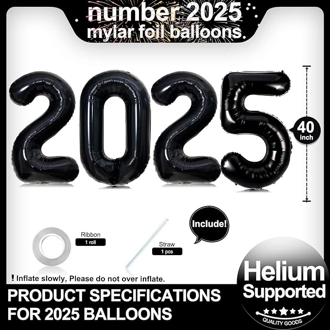 2025 Balloons,Gaint 40 Inch Black 2025 Number Balloons,2025 Black Balloons for New Year Eve Party Supplies 2025, New Years Decorations 2025, Christmas, Graduations Decorations