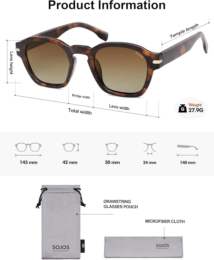 SOJOS Vintage Retro Square Polarized Sunglasses Men Standard Fit Trendy Womens Sun Glasses SJ2382