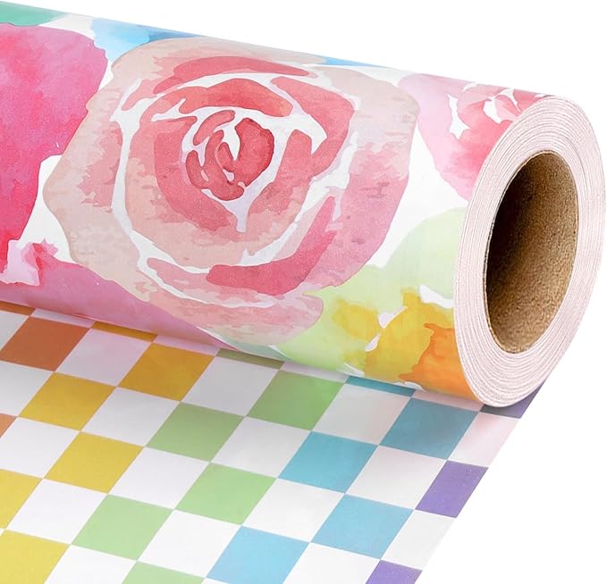 LaRibbons Reversible Floral Wrapping Paper Roll, 17 Inch x 33 Feet (46.7 Sq. Ft) Double-Sided Colorful Watercolor Rose and Colorful Checkered Design for Wedding, Mother’s Day, Bridal Shower, Easter