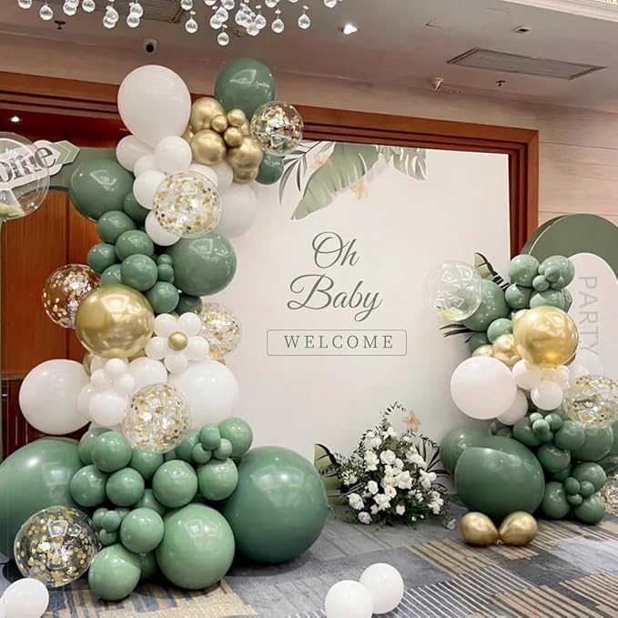 Sage Green Balloon Arch Kit, 166Pcs Olive Green White Gold Balloons Garland for Baby Shower Birthday Wedding Jungle Safari Party Decoration