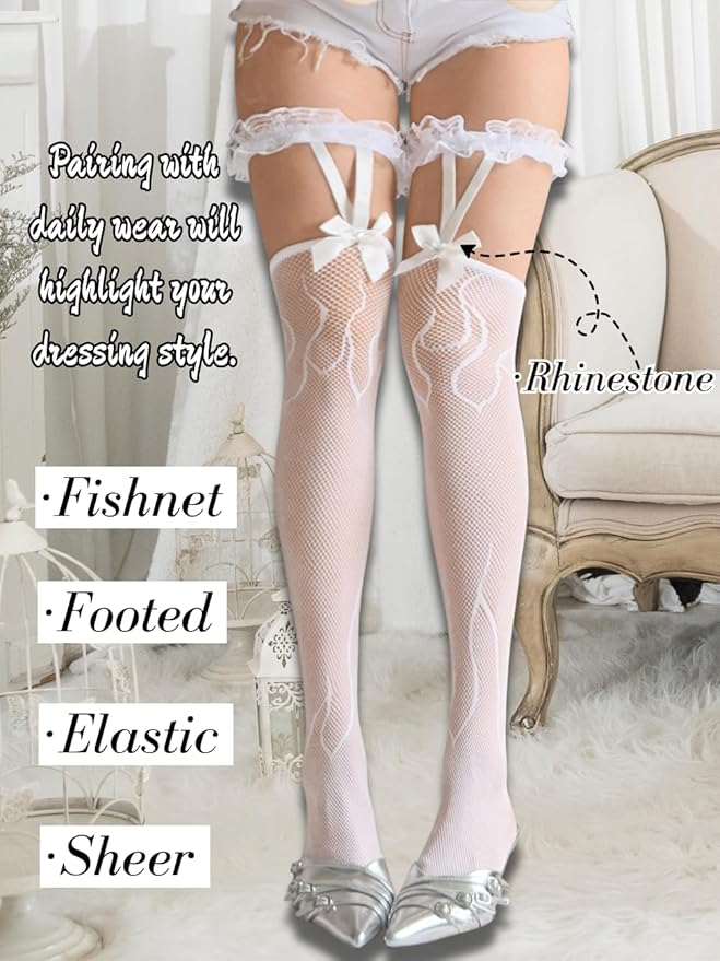 Flame Fishnets,Patterned Thigh High Stockings With Bow,Sexy Fire Devil Costume Women