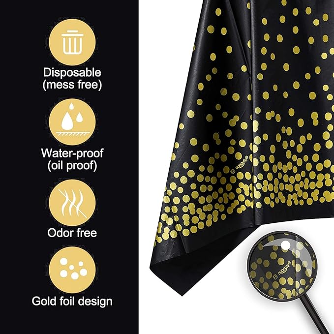 108"x54" 4 Packs Black and Gold Disposable Party Tablecloth for Rectangle Table, Gold Stamping Dot Confetti Rectangular Plastic Table Cover, for Graduation, Birthday, New Year Eve 2025