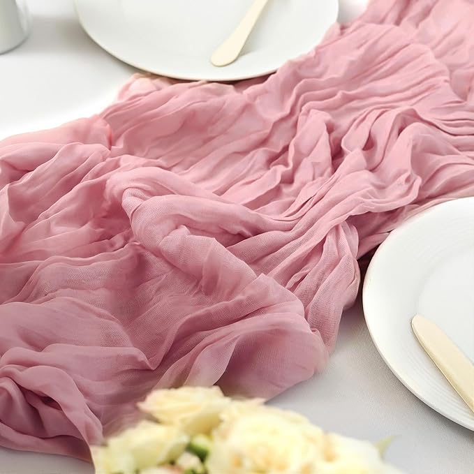 20PCS Dusty Rose Cheesecloth Table Runner 10ft Boho Gauze Fabric Cheese Cloth Table Runner Comes with 20 Cloth Napkins Runner for Romantic Wedding Birthday Shower Party Table Decoration