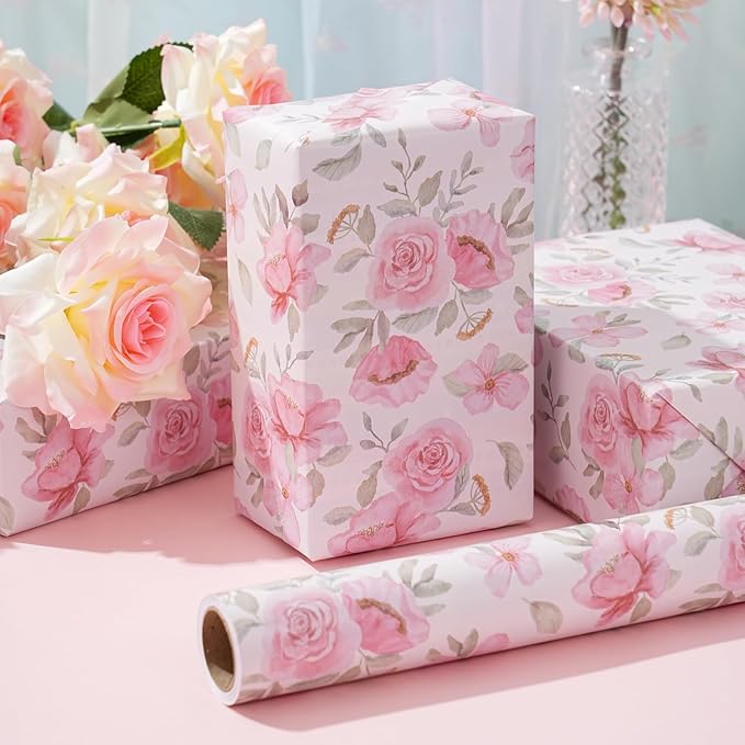 ZINTBIAL Pink Floral Wrapping Paper Roll - Watercolor peonies and leaves Design, 17 Inches x 16.5 Feet, Gift Wrap for Wedding, Bridal Shower, Birthday, Mother's Day, Cut Lines on Back