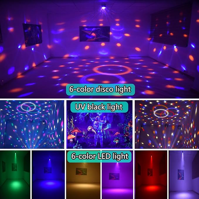 Disco Ball Light DJ Party Light，Sound Activated 6 Colors Stage Strobe Party Decorations for Outdoors and Indoors Home Club Karaoke Christmas Halloween Birthday Wedding Dancing Mood Lights