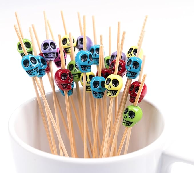 PuTwo Cocktail Picks Handmade Bamboo Toothpicks 100ct 4.7" in Multicolor Skulls