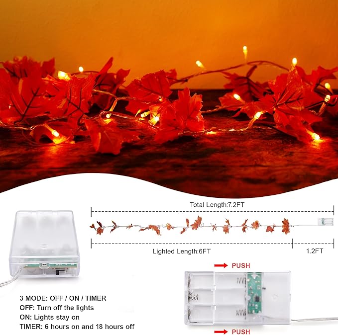 VCOKEN Thanksgiving Decorations Fall Garland with Lights, 24LED Battery Operated Thanksgiving Lights with Timer, Fall Decor for Home, Table, Mantle, Office, Outdoor, Autumn, Halloween, Yellow