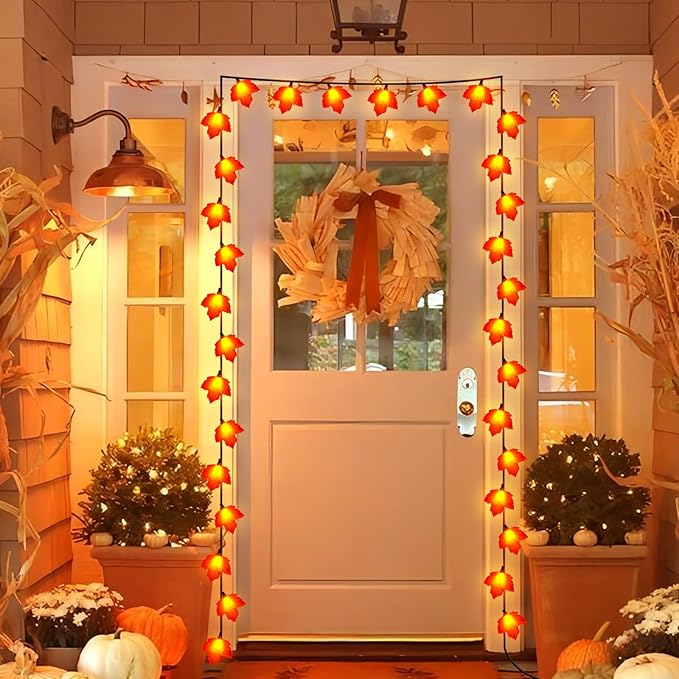 8.5FT Autumn Maple Leaf Lights – 10 LED 3D Orange Leaves, Plug-in String Lights for Fall Decor, Thanksgiving, Halloween, Fireplace & Party Decorations