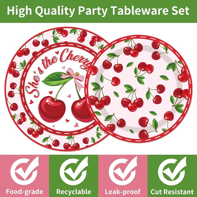 96 Pcs Cherry Birthday Decoration Disposable Tableware Set - She's the Cherry On Top Paper Plates Napkins Forks Fruit Cherry Theme Birthday Baby Shower Party Supplies for Serve 24 Guests