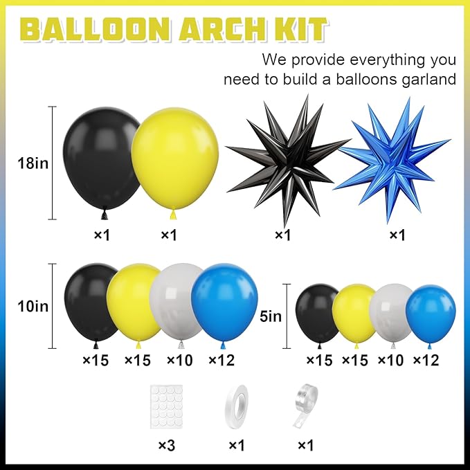 Blue Yellow Black Balloon Arch Kit,Royal Blue Grey Balloon Garland with Star Foil Balloons for Boys Birthday Graduation Decorations