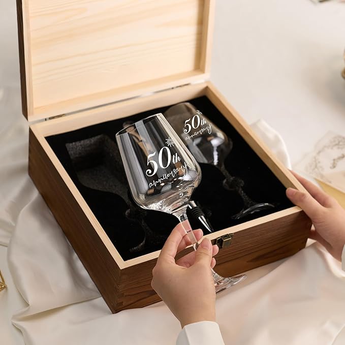 AW BRIDAL 50th Anniversary Wedding Gifts 50th Golden Couples Gifts 50th Wedding Gift for Parents, Husband, Wife - 50th Anniversary Wine Glasses with Wood Keepsake Box